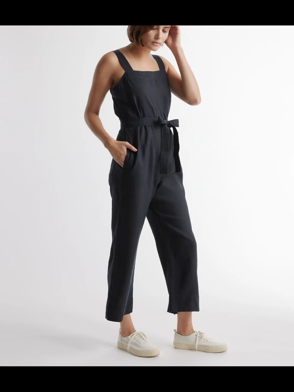 Quince 100% European Linen Square Neck Jumpsuit Black, Sz M, NWT!